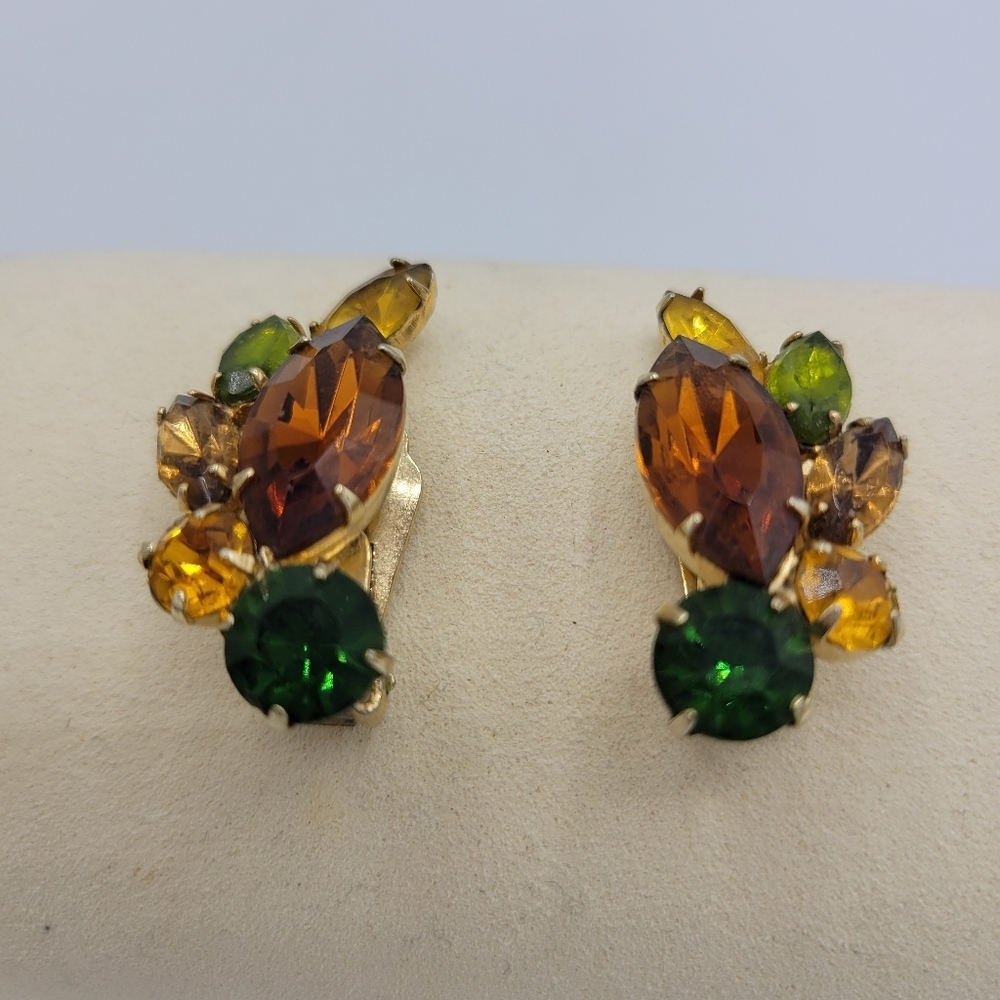 Vintage Earrings •Brown, Yellow & Green Clip-On • Goldtone Metal Base